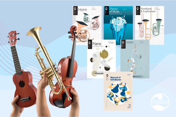 Hands holding instruments next to a variety of AMEB publications