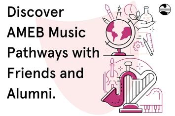 AMEB Friends and Alumni images of instruments and various career streams.