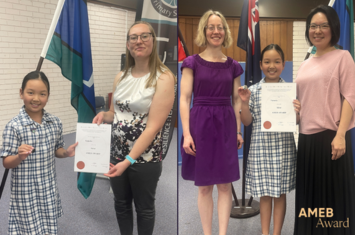 A composite photo featuring a little Asian school girl proudly holding an award pin and certificate. She is joined by her supportive mother, a white woman, and her dedicated school teacher. The trio celebrates the achievement together in a heartwarming mo
