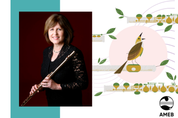 Woman holding flute composite an illustration of a singing finch.