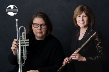 Trumpet player Suzanne Wedding and Flautist Jocelyn Fazzone holding their respective instruments.