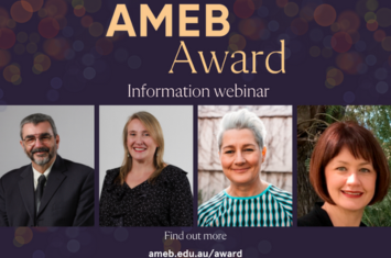 The 'AMEB Award' logo above four portrait images of Bernard Depasquale, AMEB CEO; Fiona Seers, AMEB Head of Examinations; Susan Eldridge, Notable Values Founder and Antoinette Tyson, AMEB State Manager for SA & NT