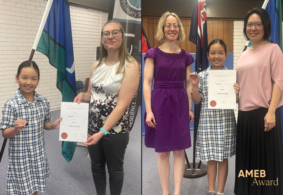 A composite photo featuring a little Asian school girl proudly holding an award pin and certificate. She is joined by her supportive mother, a white woman, and her dedicated school teacher. The trio celebrates the achievement together in a heartwarming mo
