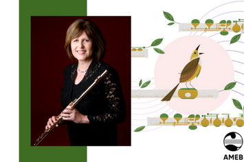 Woman holding flute composite an illustration of a singing finch.